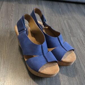Clarks Blue Suede Slingback Wedge Sandals